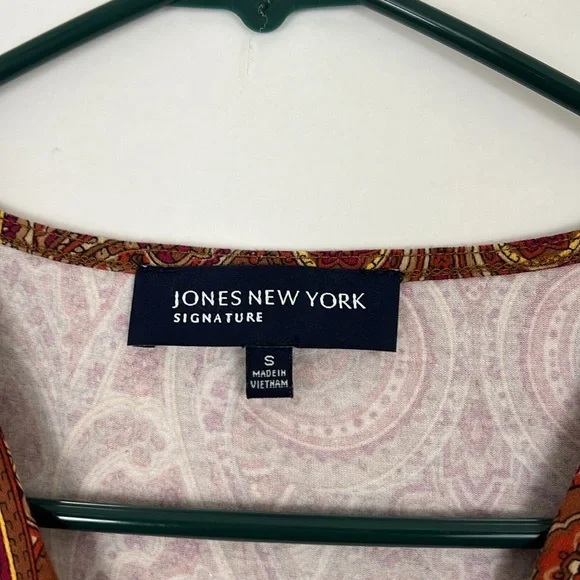 Jones New York paisley shortsleeve blouse brown, red, gold S - Picture 6 of 8